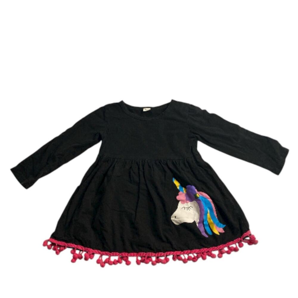 Unicorn Pom Pom Hem Dress Black Cotton Girls 100 3T-4T